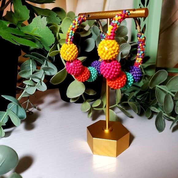 Multi-color Seed Bead Ball Hoop Earrings - Picture 4 of 8